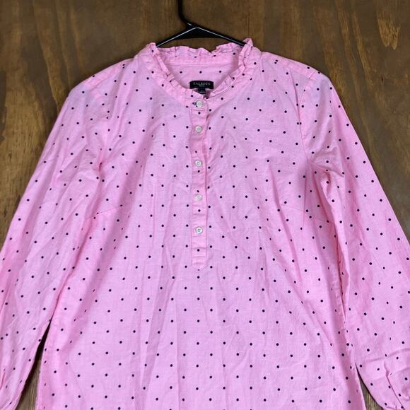 Talbots Womens Blouse Pink Black Polka Dot Ruffle Neck Long Sleeve Petite - Picture 2 of 12